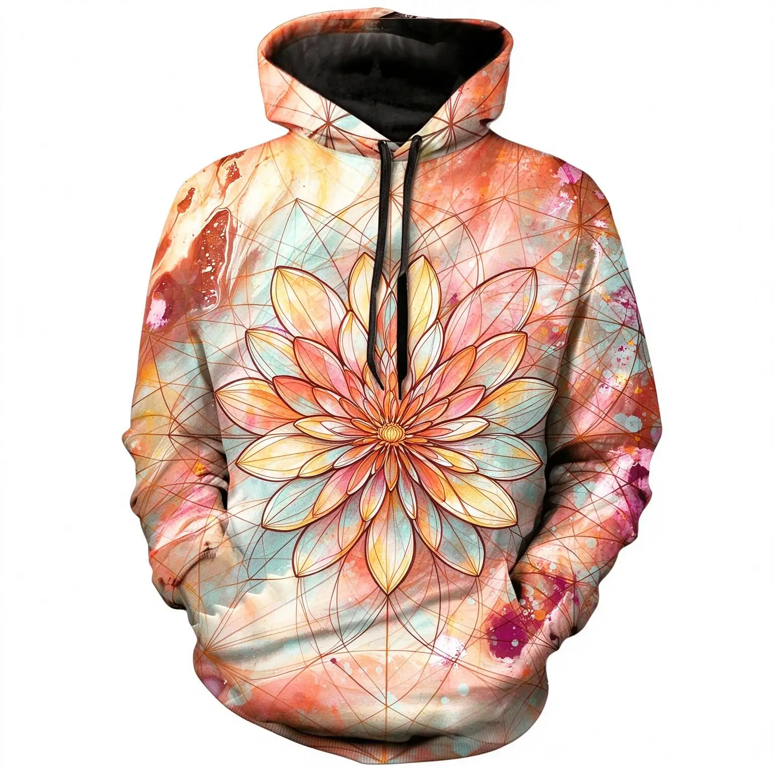 Men's Hoodie Blue Green Watercolor Geometric Vortex Print Breathable Soft Pullover Sweatshirt for Art Party Daily Wear