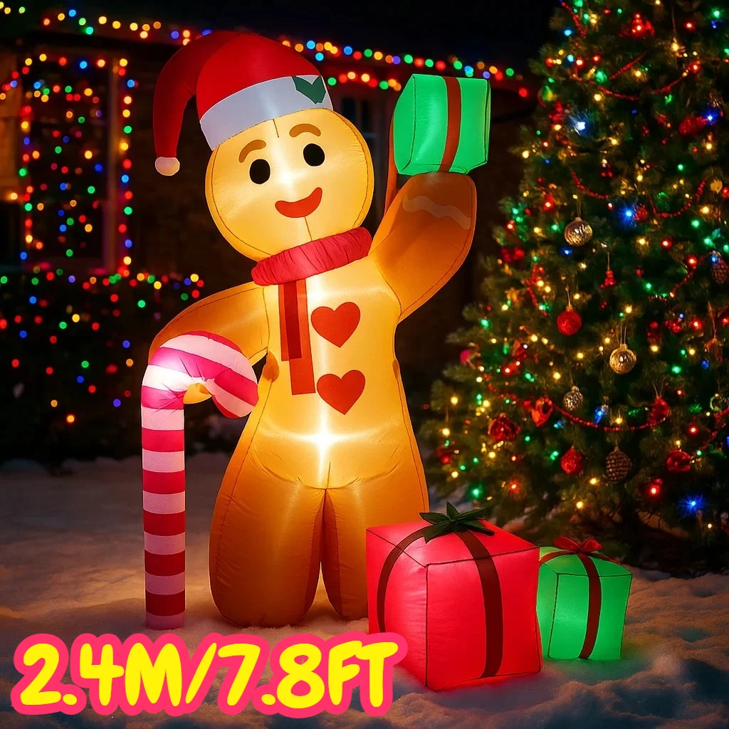 2.4 متر/7.8FT زينة عيد الميلاد لعبة قابلة للنفخ الزنجبيل رجل قصب الحلوى هدية صندوق المنزل ساحة الحلي LED زينة عيد الميلاد لعبة #2