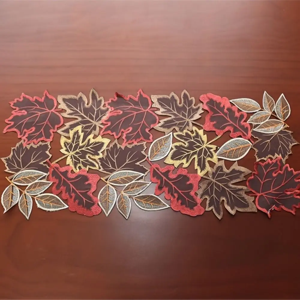 Rustic Maple Leaf Embroidered Table Runner Leaf Pattern Hollow Tabletop Placemat Multicolor Table Mat Harvest Party