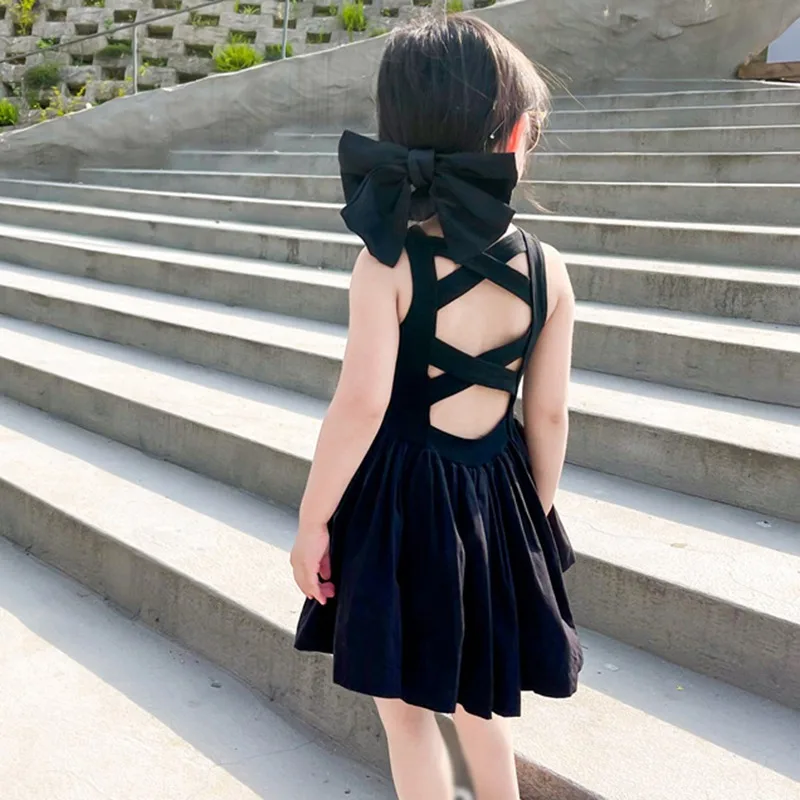 Summer Toddler Girls Dress Cotton Sweet Cool Wind Cross Backless Party Princess Dresses For 1-7 Years Girls Black Dress