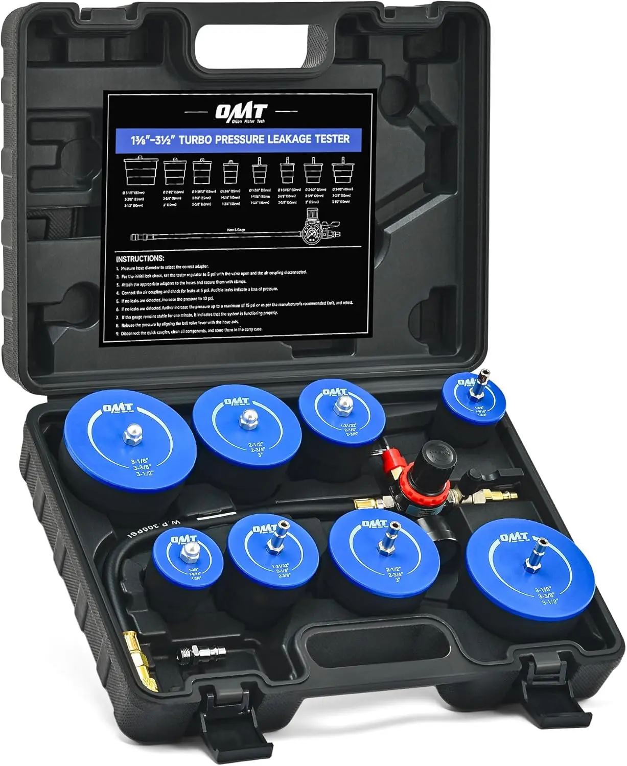 طقم اختبار تسرب توربو، 10 قطع مع 4 أزواج من المحولات المتدرجة 1-3/8 بوصة إلى 3-1/2 بوصة، لاختبار الضغط التوربيني