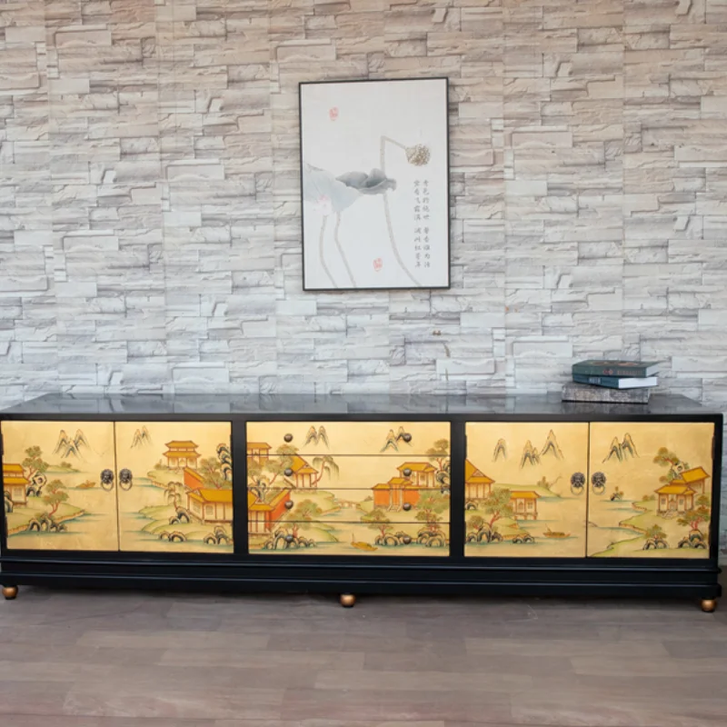 Classical hand-painted retro furniture TV Floor Chinese audio-visual Four-bucket four-door cabinet