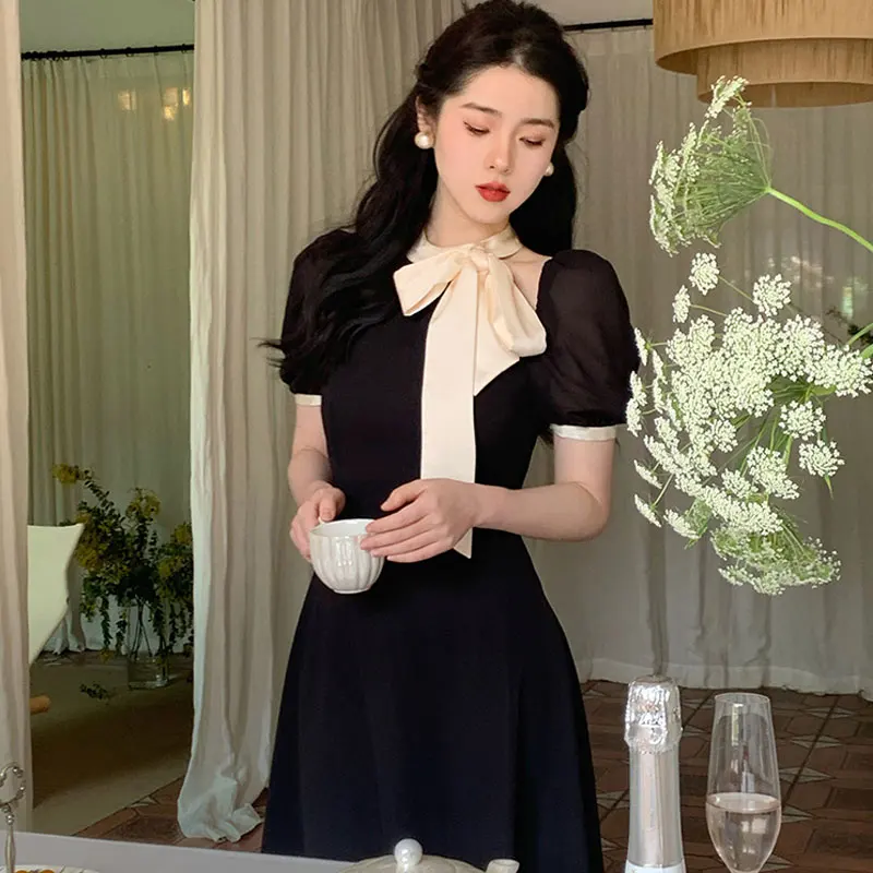 Elegant Bowtie Black Dress Women Fashion Retro Puff Sleeve Blue Bandage Midi Dresses Office Lady A Line Sundress Vestidos 2023