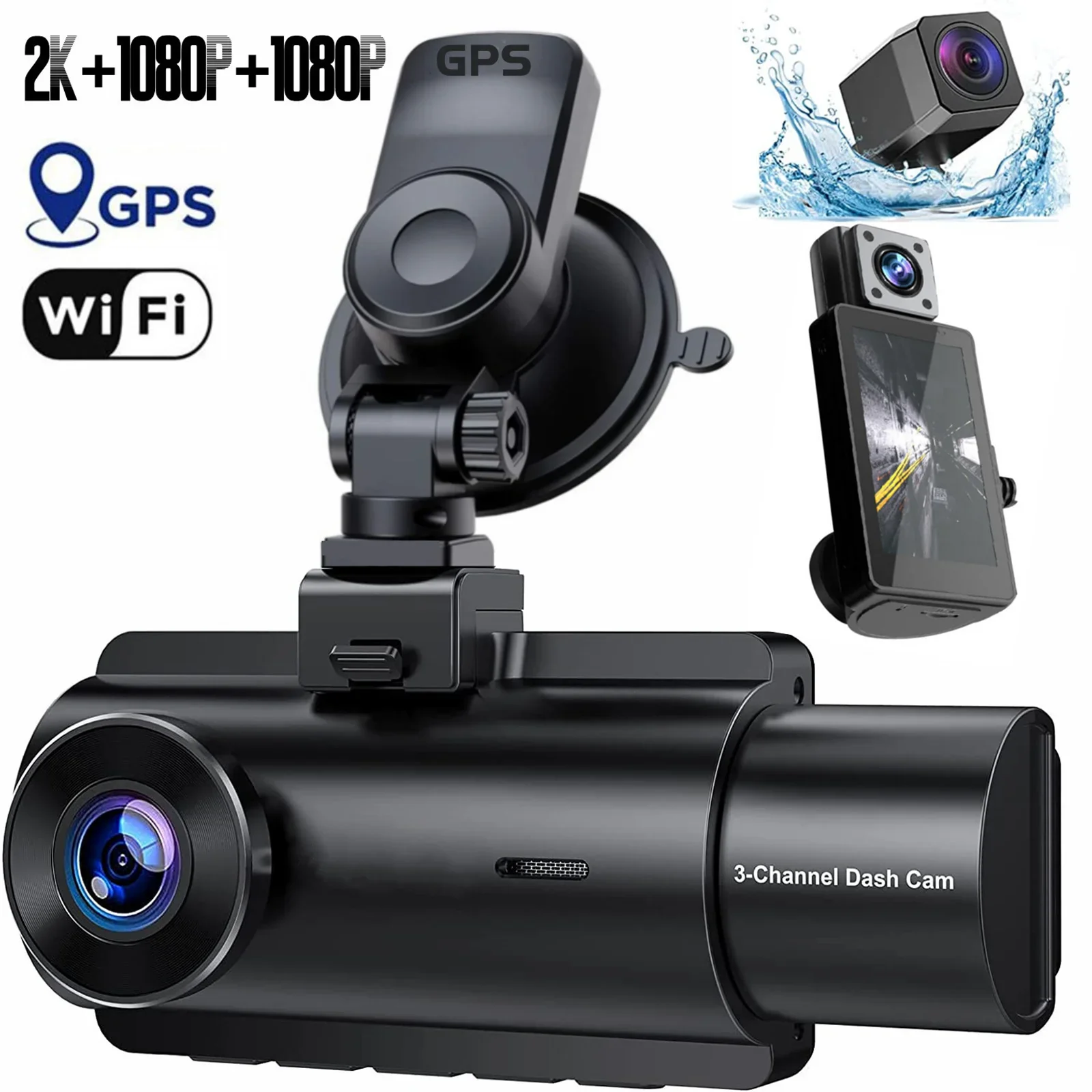 HJ08L 3 Inch 2K+1080P+1080P 3 Channels Dash Cam Dashboard WIFI GPS Suction Cup Bracket NIGHT VISION Car DVR - Image 3