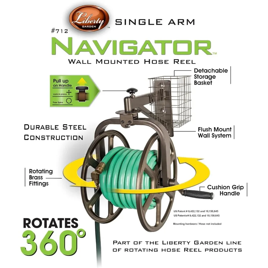 712 シングルアームナビゲーター多方向ガーデンホースリール、屋外庭園用、最大125フィートの5/8インチホースを収納可能、耐久性のあるブレーキ付き