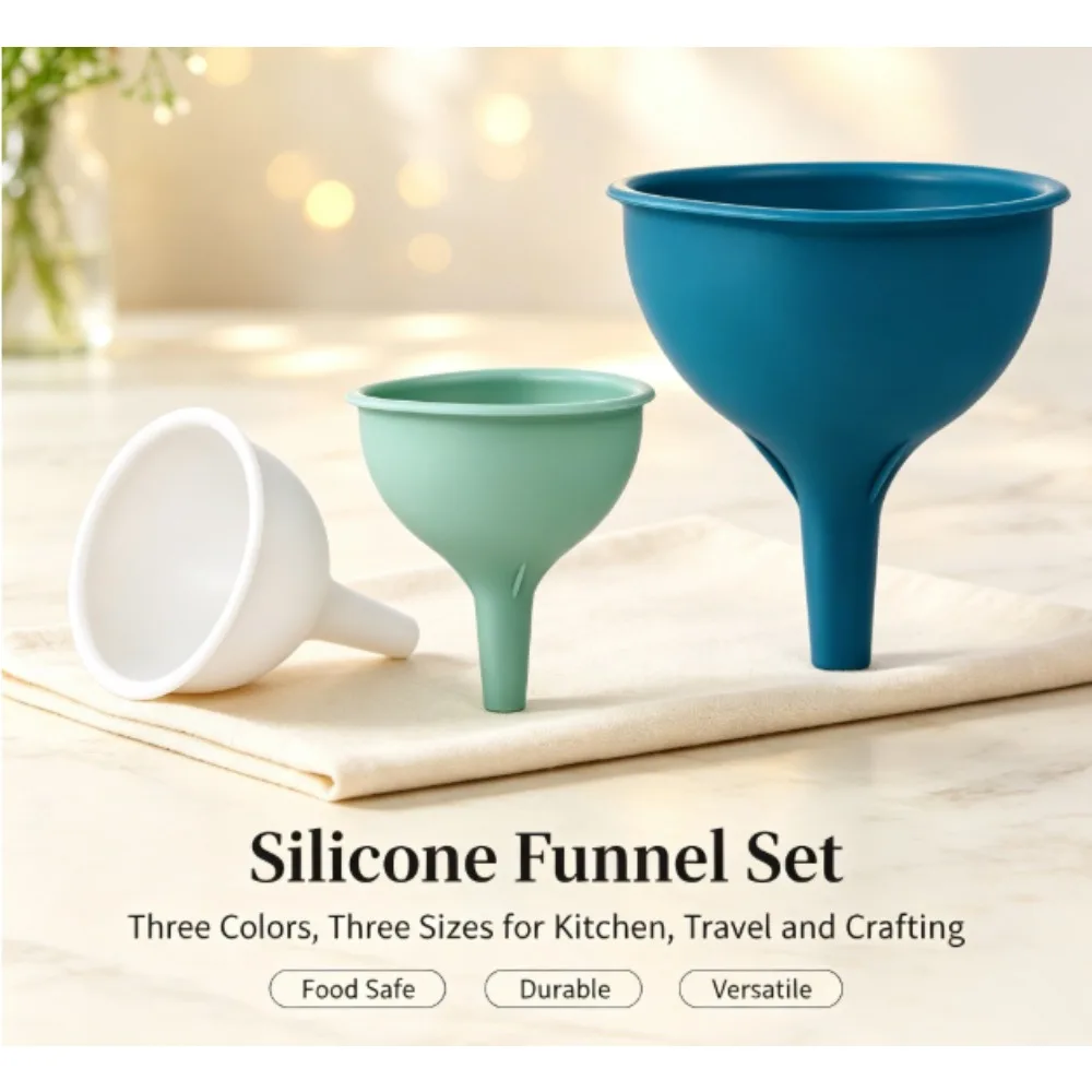 Farberware Soft-Handle Silicone Kitchen Funnel Set, Blue, Sage Green, and Grey - 3-Piece Set