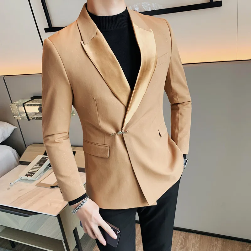 Chinese Style Buckle Suit Jacket Men High Quality Lapel for Business Social Blazer Masculino Casual Wedding Banquet Party Coat