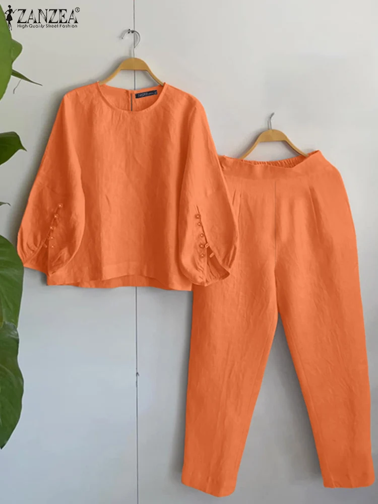 

Fashion Women Two Piece Outfit ZANZEA Long Sleeve Top 2025 Autumn Casual High Waist Long Pants Sets Solid 2PCS Suits Tracksuit