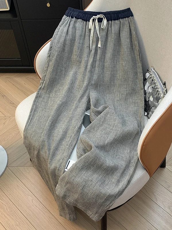 하이웨이스트 와이드 레그 팬츠 여성 여름 경량 코튼 린넨 캐주얼 스트레이트 컷 루즈 롱 트라우저 컬러 블록 체크