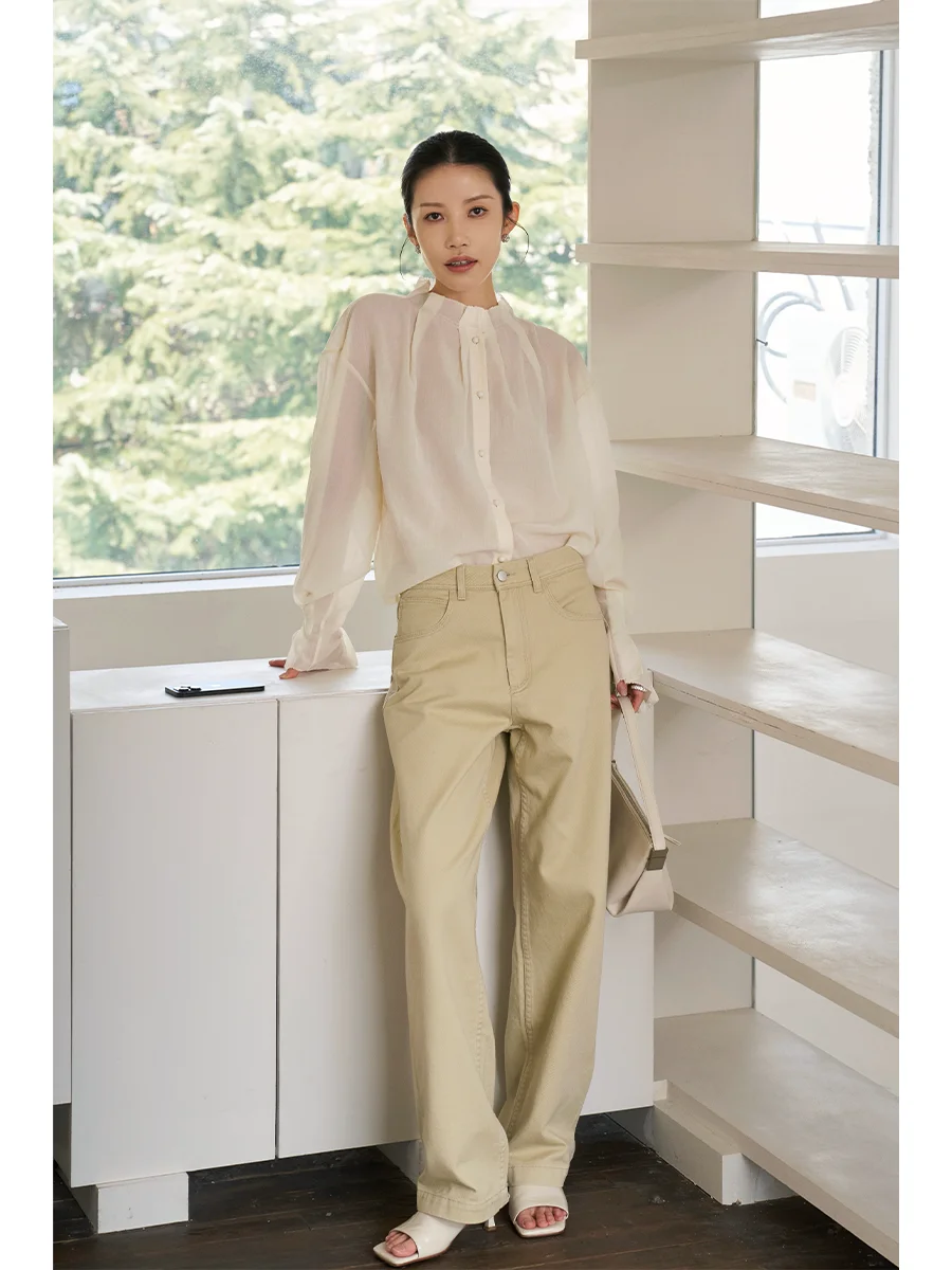 

JXu Special Color Cotton Casual Loose Straight Leg Rice Color Jeans Soft High Waist Long Pants Women's Spring Summer Autum...