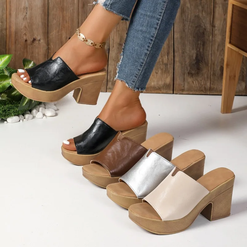 2025 Womens Sandals Chunky Heel Thick Sole Women'S Slippers Fashionable Casual Fish Mouth High Heel Thick Sandals Женская Обувь