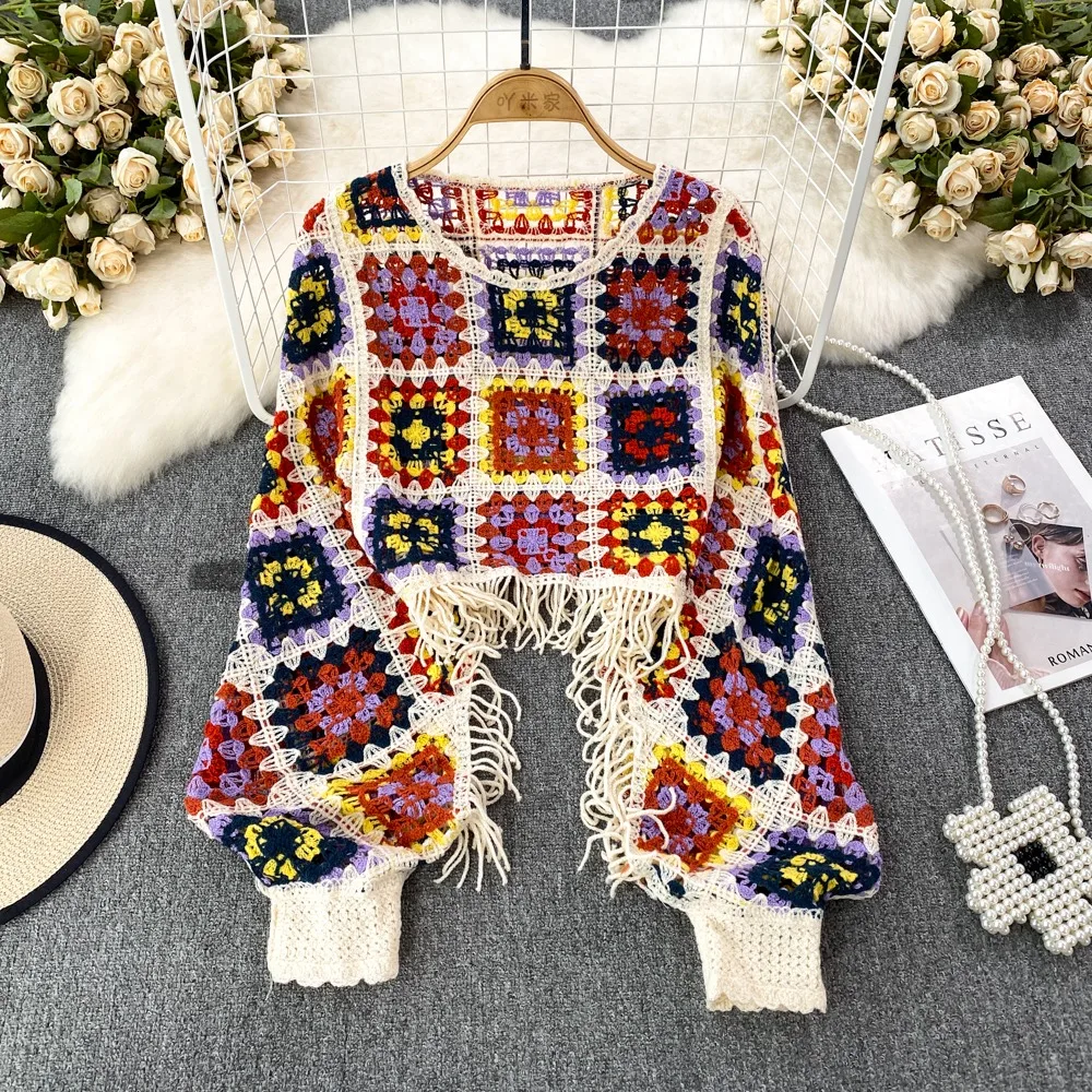 Fashion Lantern Long Sleeve Round Neck Contrasting Color Hollow Tassel Knitted Shirt Cover Women's Casual Beach Vacation Top
