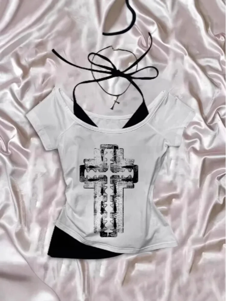 

Cross border Y2K style camisole T-shirt with Gothic print pattern, versatile fake two-piece T-shirt spring and summer new styles
