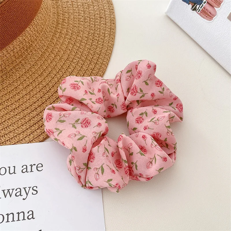 Korean Floral Print Scrunchies Sweet Women Girls Hair Ties Tulip Rose Hairband Hair Rope Summer Hair Accessories Ponytail Holder