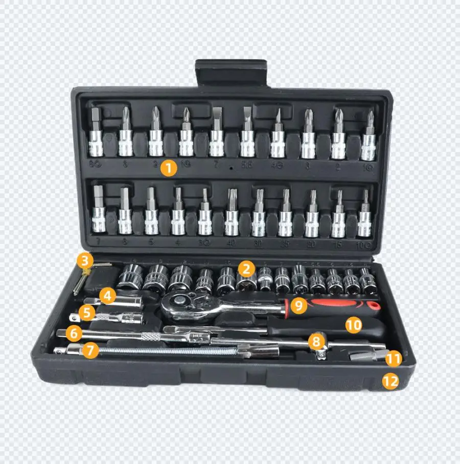 46pcs 1/4 inch Socket Wrench Set Carbon Steel Ratchet Spanner Multi-functional Mechanical Car Repairing Hand Tools Ratchet Kit