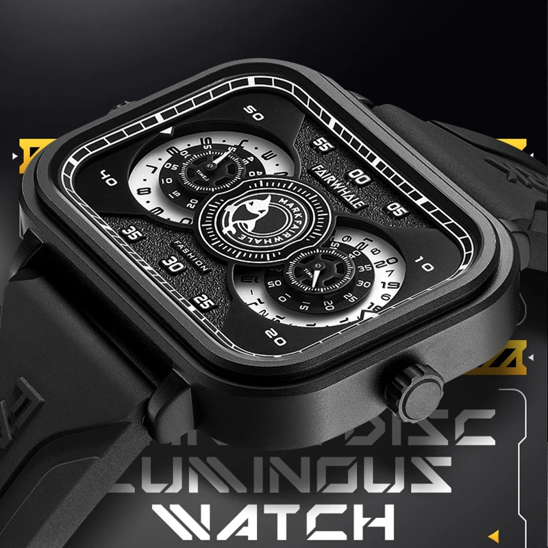 Dual movement Unique Men Watch Casual Rectangular Design Case Quartz Wristwatch Top Quality Silicone Strap Waterproof Clock New