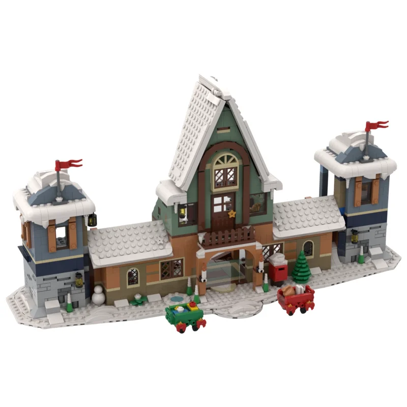 MOC Building Blocks Winter Holiday Mansion Snow Covered Roof Warm Window Glow DIY Assembly Brick Set Desktop Scene Ornament
