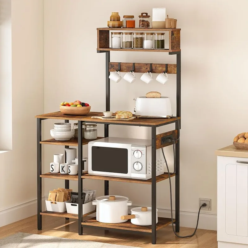 Bakers Rack with Power Outlet, 35.4 Inches Microwave Stand with 4 Hooks, 6 Tiers Kitchen Storage Shelf Rack, Coffee Bar Table,