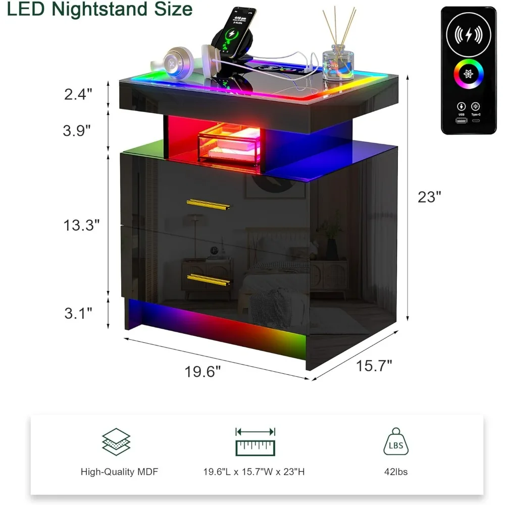 Juego de 2 mesitas de noche LED RGB, estación de carga inalámbrica y puertos USB, cajón y iluminación dinámica RGB, mesita de noche inteligente de alto brillo