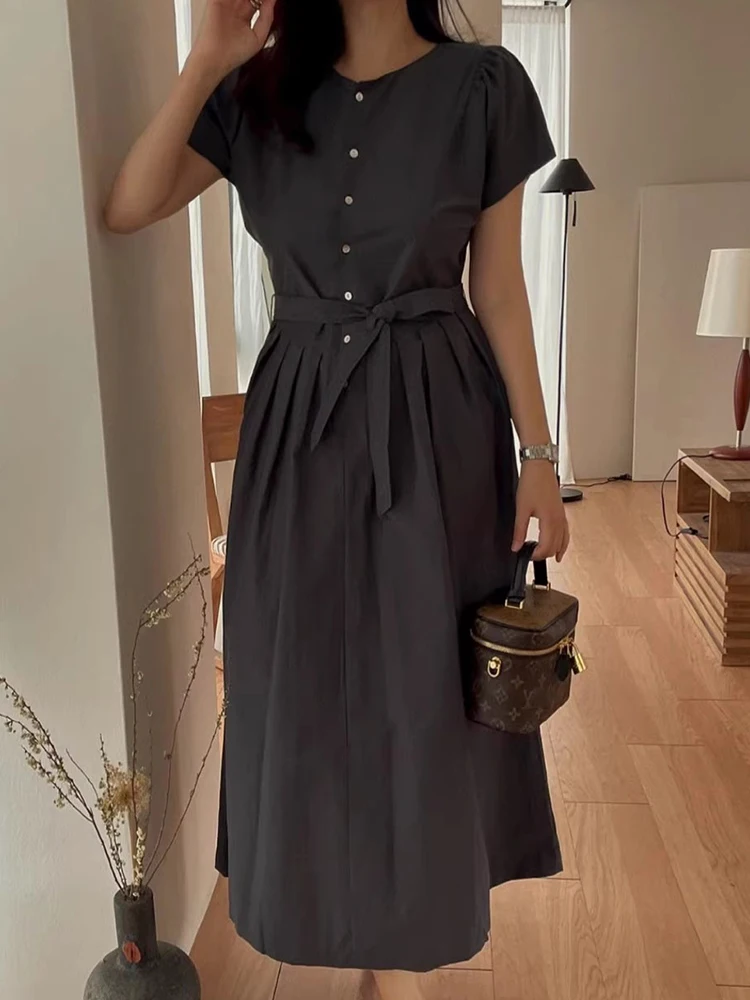 فستان صيفي أنيق بأكمام قصيرة وخصر ملفوف للتخسيس مطوي في اتجاهين وزر واحد أنيق للنساء بخصر عالٍ على الطراز الكوري #5