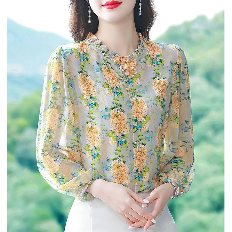 Women Ruffle Floral Print Elegant Blouses Spring Autumn Vintage Long Sleeve Shirts Chic Loose Chiffon Tops Blusa Mujer Moda 2023