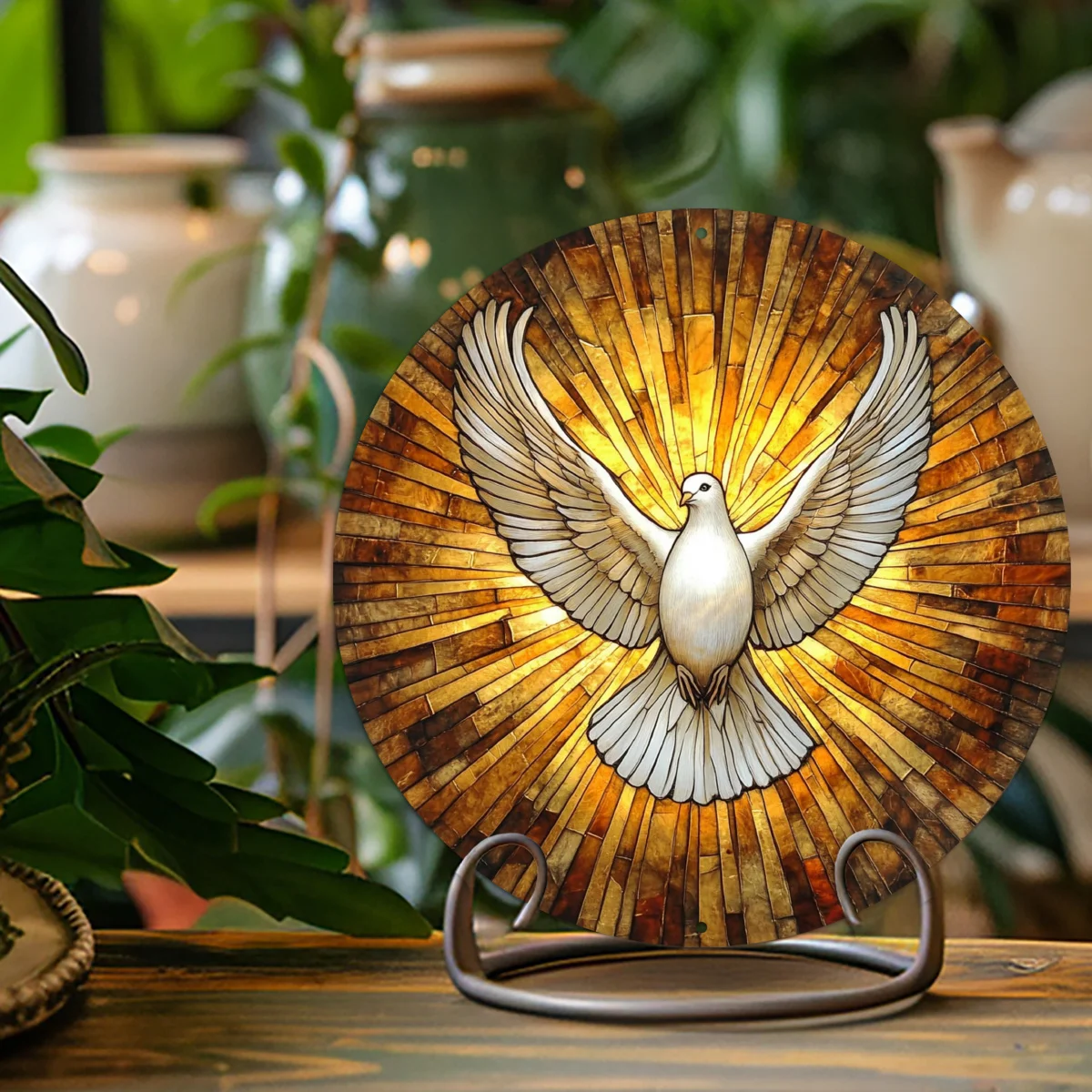 2D Flat, 1pc Holy Spirit Dove Round Aluminum Sign Wreath - 8x8 Inch Classic Wall Art for Front Door, Living Room, Cafe & Farmhou