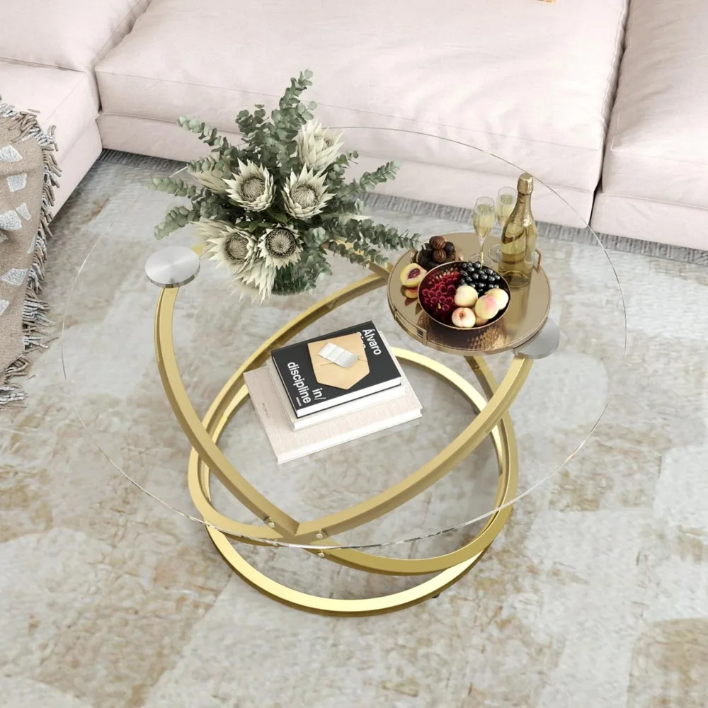 31 Glass Coffee Table, Modern End Table with Ring Gold Metal Frame, Round Glass Coffee Table for Decoration, Small Gold Coffee T