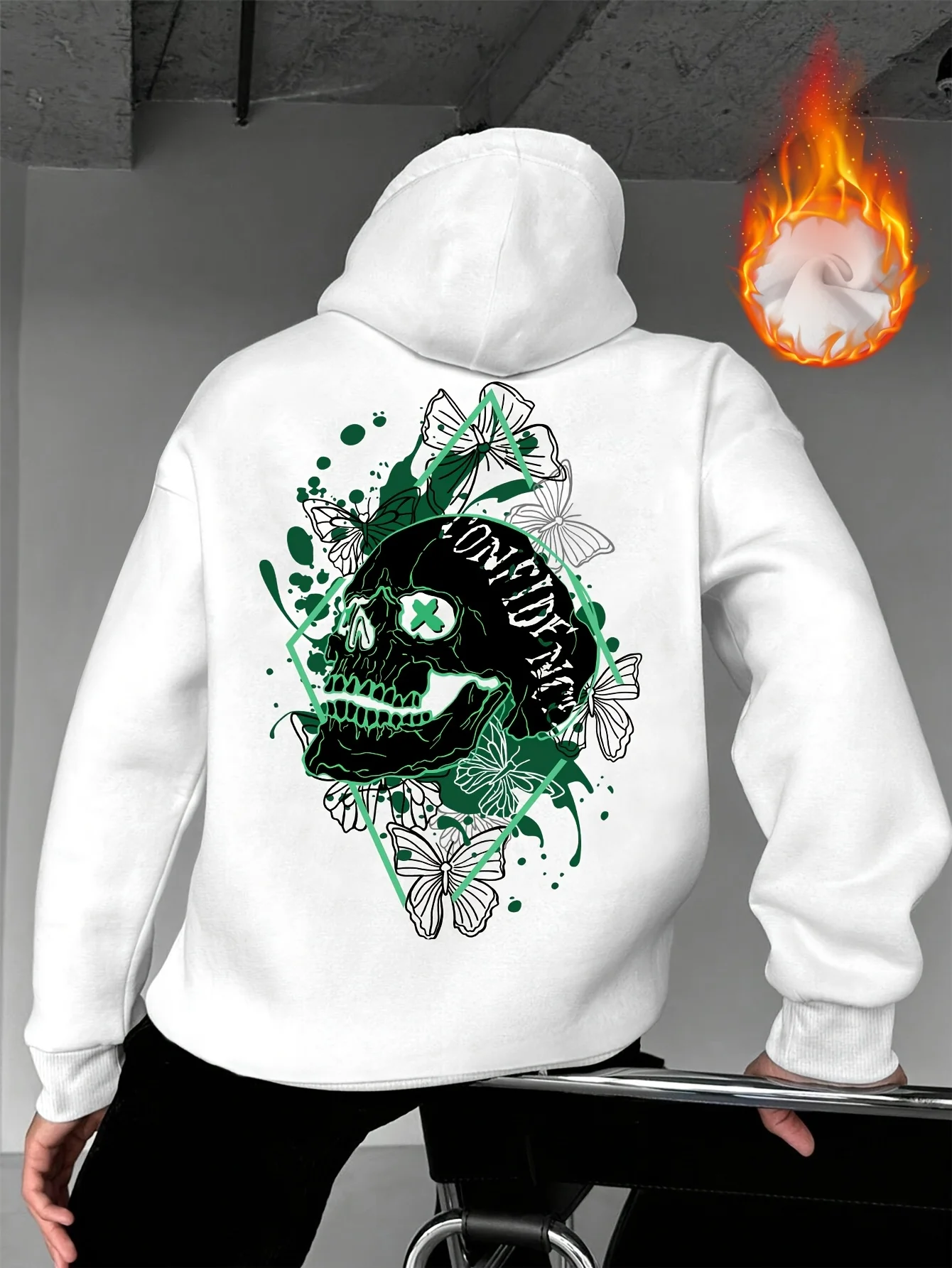 Men's Fall/winter Skull Butterfly Pink Triangle Pattern Printed Long-sleeved Casual Loose-fitting Pullover Hoodie