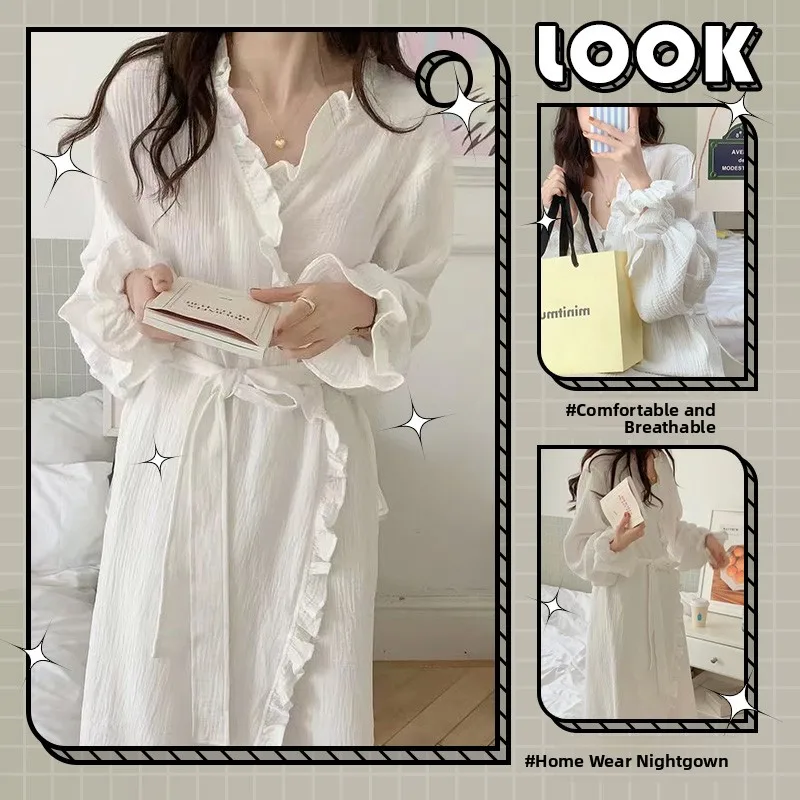 

Sweet Lace Trim Long Sve Mid-Length Robe Korean Sle Simple Home Clothes Spwear for Girls Cotton Material Spring Autumn