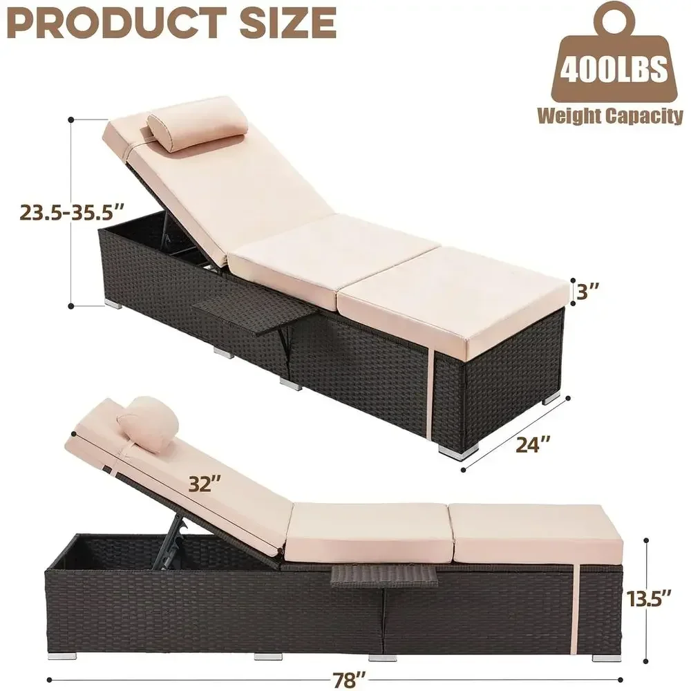 2-Piece 6-Position Reclining Pool Lounger Set with Thick Cushion, Side Tray, and All-Weather Wicker for Outdoor Relaxation (Khak