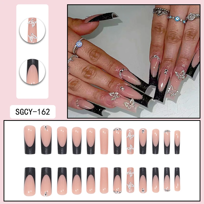 Fashionable Set Of 24 Rectangle Shaped Black French Nail Tips With Glitter & Silver Butterfly Rhinestone Decoration