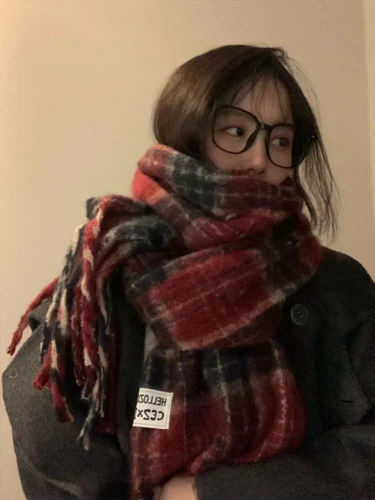 Sciarpa invernale rossa Thiened da donna coreana Sle Plaid Ne Warmer Sciarpa con punteruolo caldo per coppia per studenti e giovani