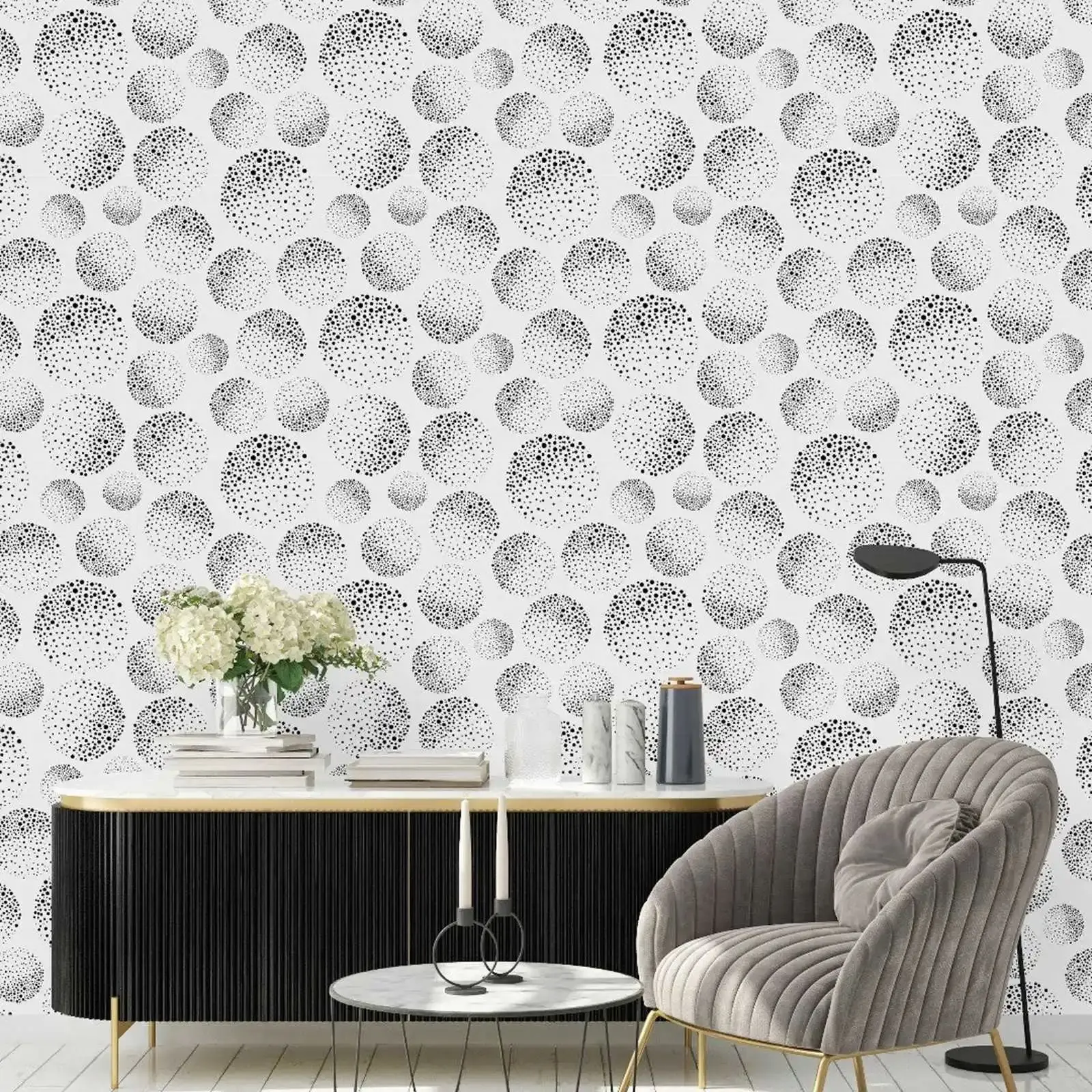 Abstract Black  and White Dotted Circles Wallpaper ,Geometric Elements Wall Paper Mural,Non-woven  Wall Papers  Roll