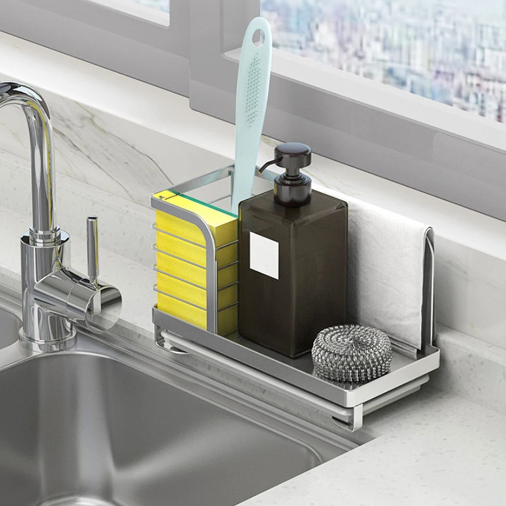 Kitchen Sink Caddy Sponge Holder Dish Brush Storage with Drain Tray, Countertop Sponge Brush Rags Soap Holder