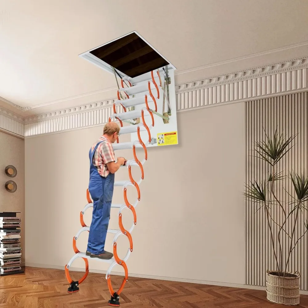 سلم عطلي عالي التحمل ذو 11 خطوة بسعة 661 رطلاً، نظام سحب قابل للطي بطول 9 أقدام، هيكل من سبائك الصلب للوصول العلوي