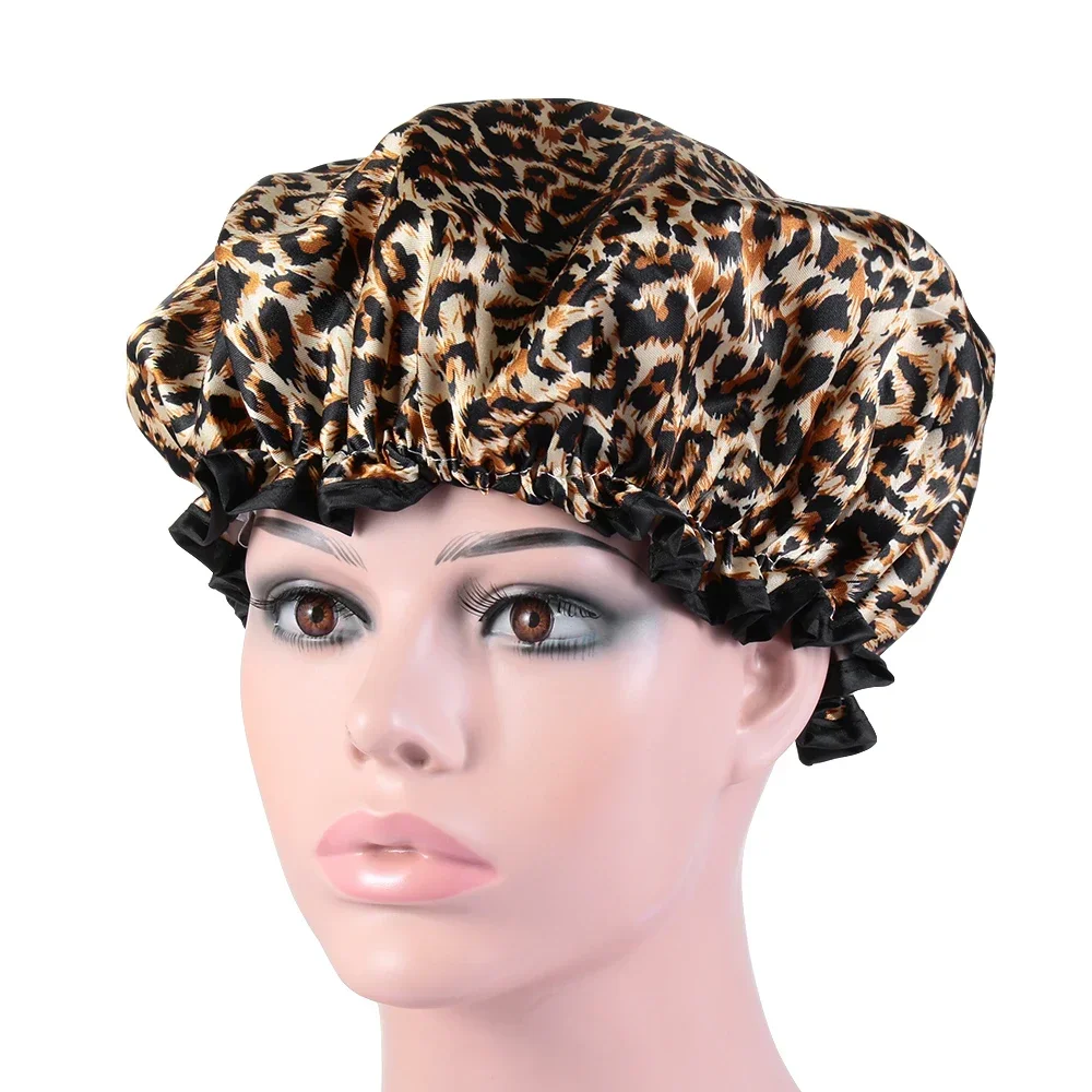 1Pc Shower Caps women towel Thick  Double Layer Leopard Printing Waterproof Bath Hat Shower Hair Cover Shower Caps Bathroom