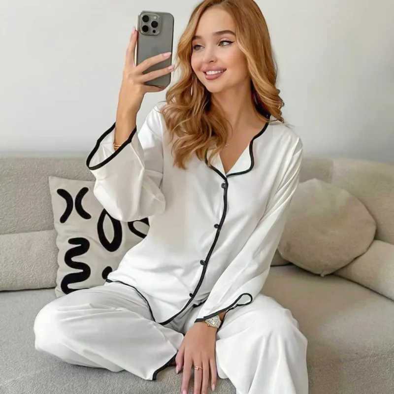 

Новый осенне-весенний модальный кардиган для женщин: свободный крой, длинные рукава, брюки, пижама, стильная домашняя одежда с контрастными вставками, повседневный комплект L