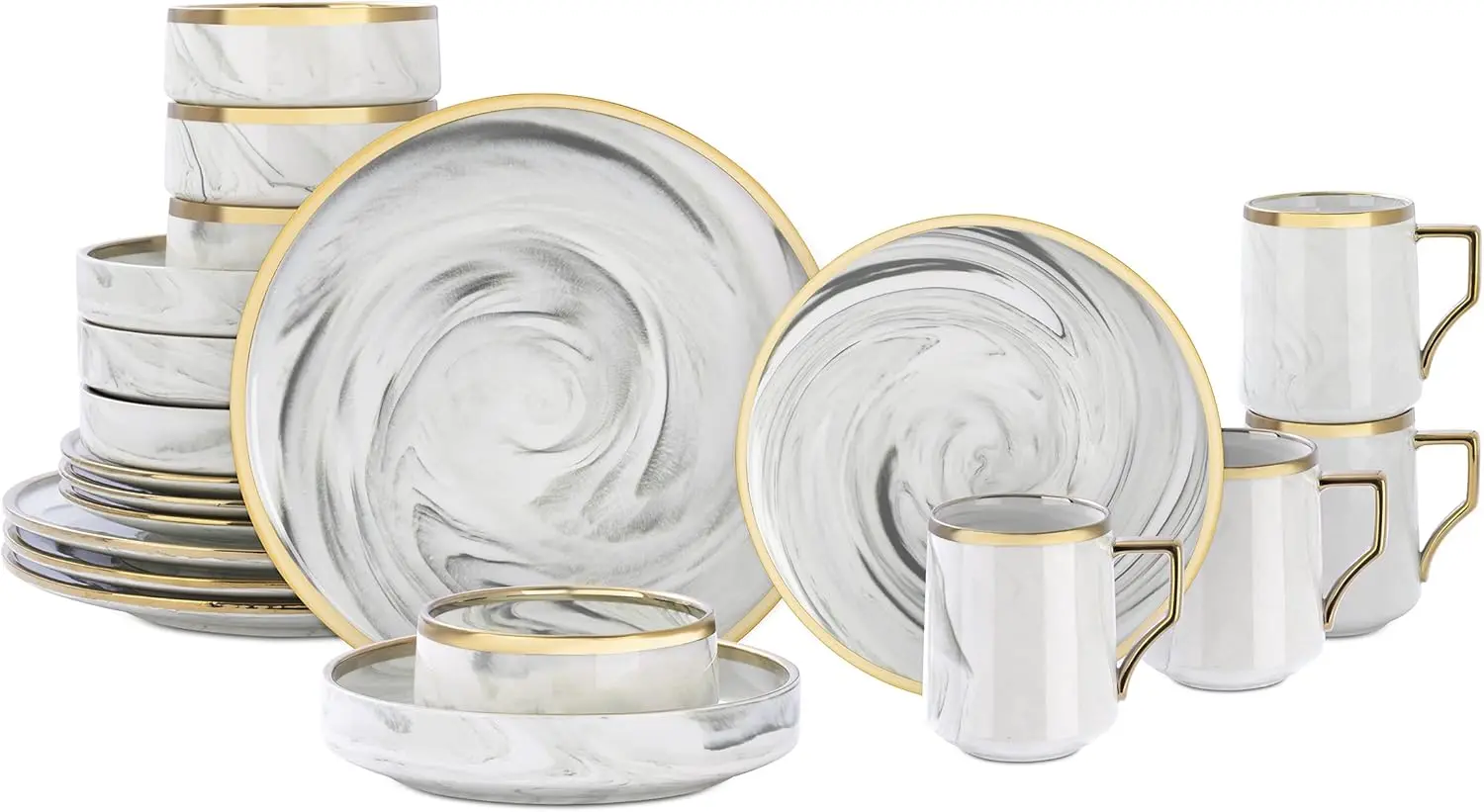 

Fine China Artisan Marbled 20pc Dinnerware Set, Grey with Gold Line