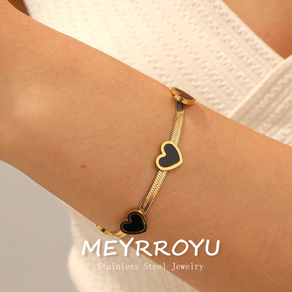 MEYRROYU 316L Stainless Steel Black Shell Inlay Multi Heart Series Design Snake Chain Bracelet Women Waterproof Jewelry Gift