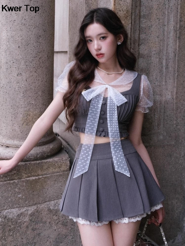 

Korea Preppy Style Grey 3 Piece Set Women Elegant Polka Dot Blouse + Pleat Mini Chic Skirt Outfits Female Japanese Sweet Suit