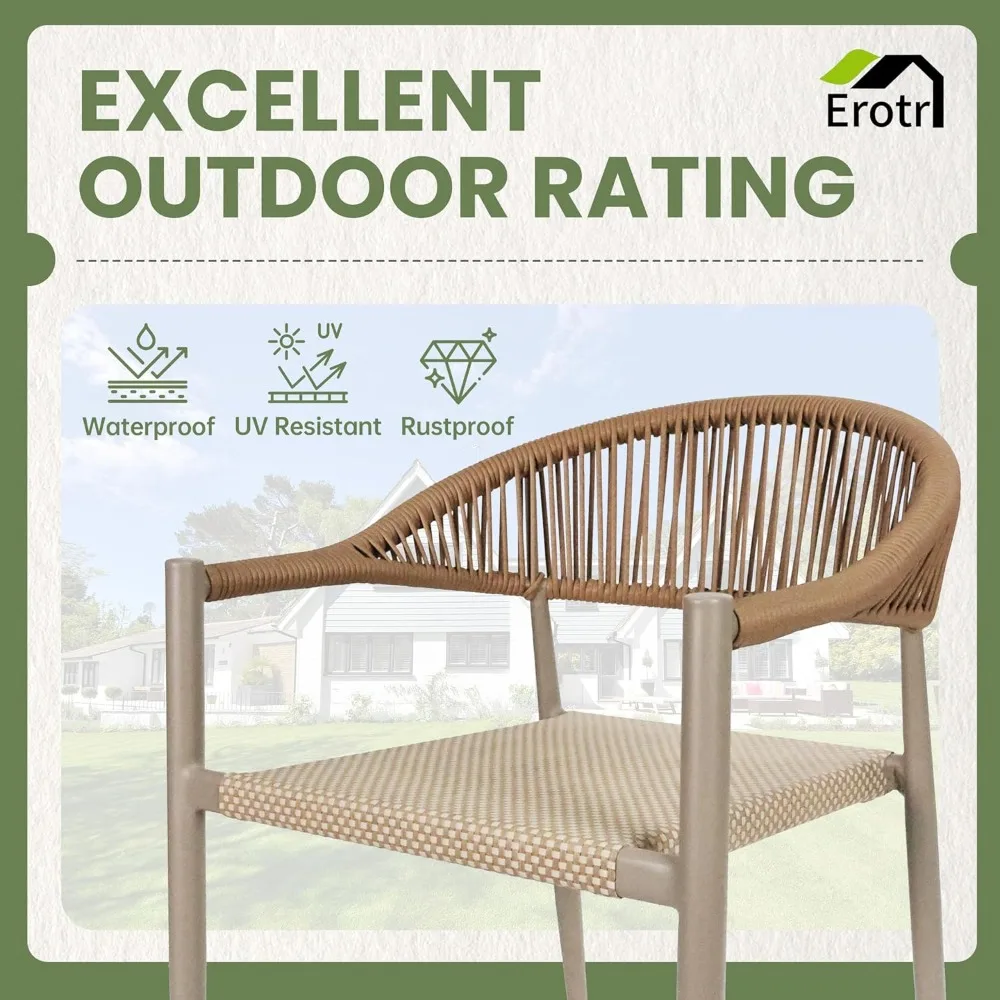 4 Pcs Stackable , Aluminum Rattan Outdoor Dining Chair with Arms, Woven Rope Patio Armchair Metal No Assembly for Bistro Garden