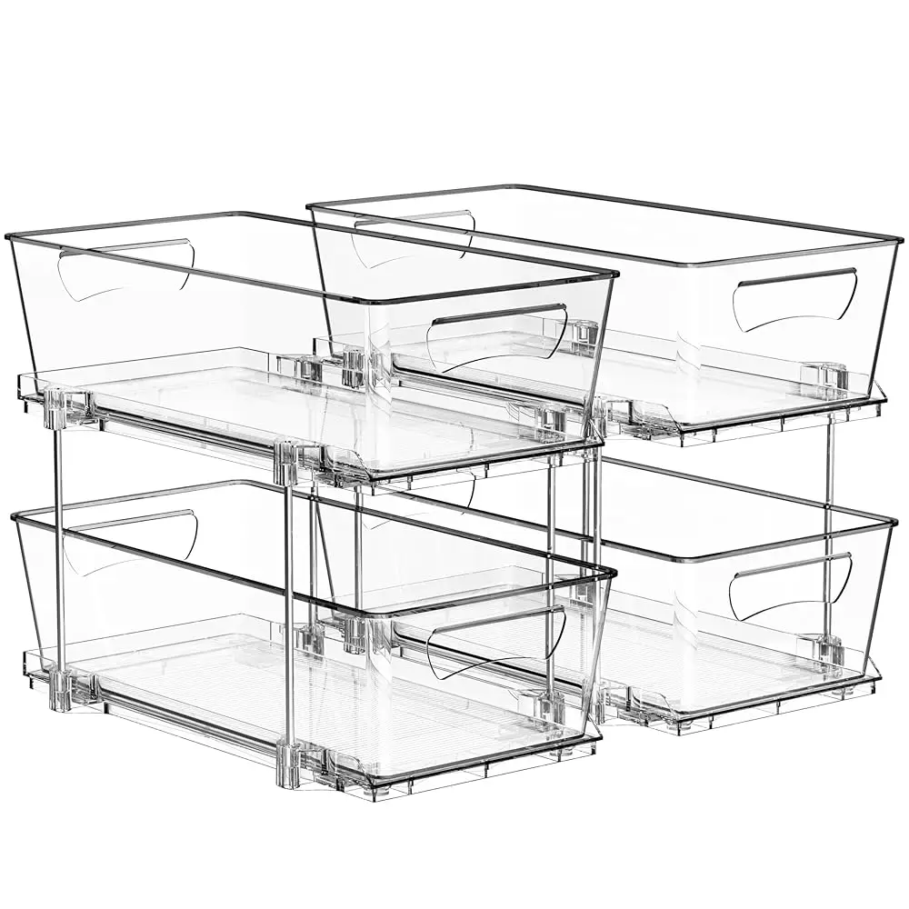 

2 Tier Basket Drawer Cabinet Pull-Out Organizer, 2 Pack, Clear