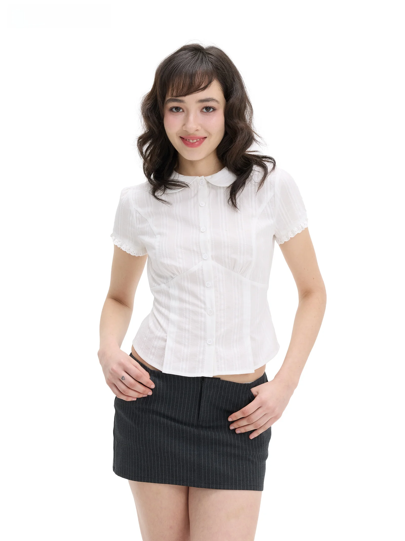 

Рубашка женская Veryrareme с воротником-стойкой, хлопковая, в французском стиле, дышащая, с коротким рукавом, приталенная, весна 2026