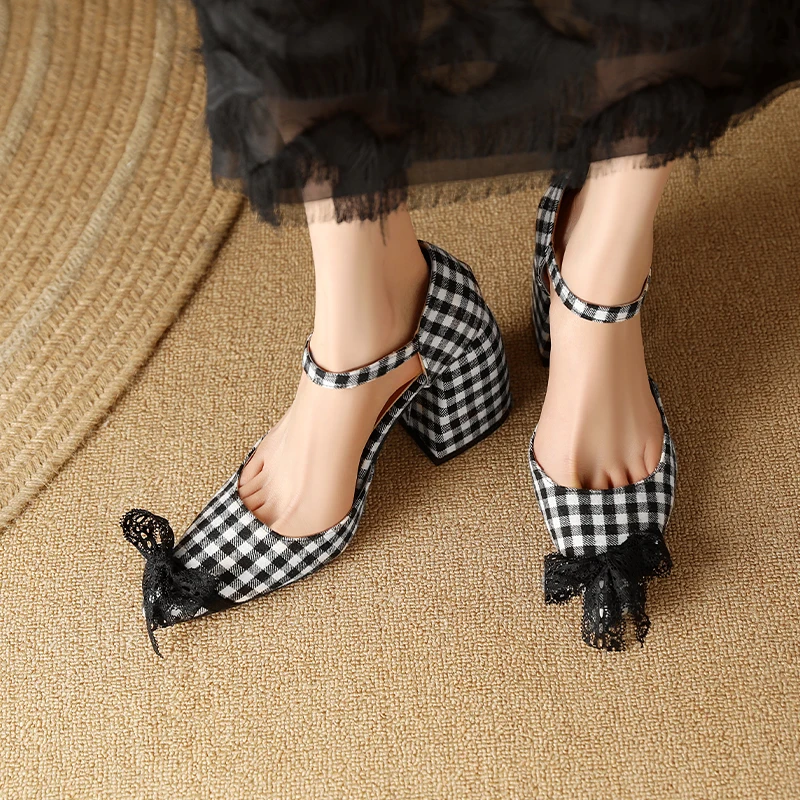 Plus Size Ultra-High Thick Heel Plaid Fabric Material Mary Jane Shoes With Tassels Decals Ankle Buckles Side Hollowed Out Sandal