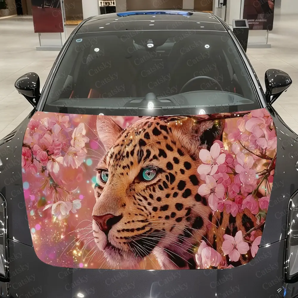 

Синий гладкий леопард, окруженный розовым цветком вишни, автомобильная виниловая пленка, водонепроницаемая наклейка на капот автомобиля из ПВХ, самоклеящаяся наклейка