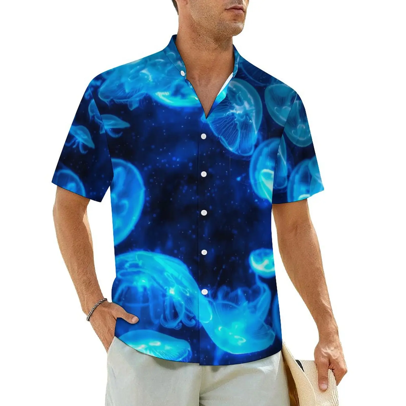 

Nautical Jellies Print Beach Shirt Men Blue Jellyfish Cool Casual Shirts Hawaiian Short Sleeve Comfortable Oversize Blouses Gift