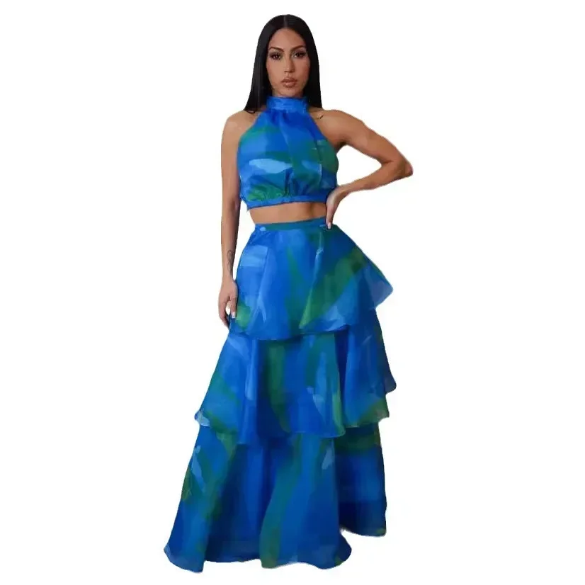 女性のためのセクシーなアフリカの服,ノースリーブプリント,ポリエステルトップ,ロングスカート,おそろいの衣装,夏服,2022, M-2XL, 2個