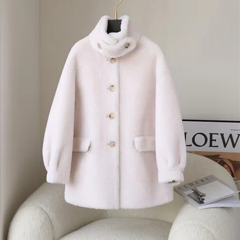 

Autumn Women 2023 Winter Fashion Genuine Lamb Fur Coats Female Stand Collar Warm Jackets Ladies Sheep Shearing Overcoats Q29