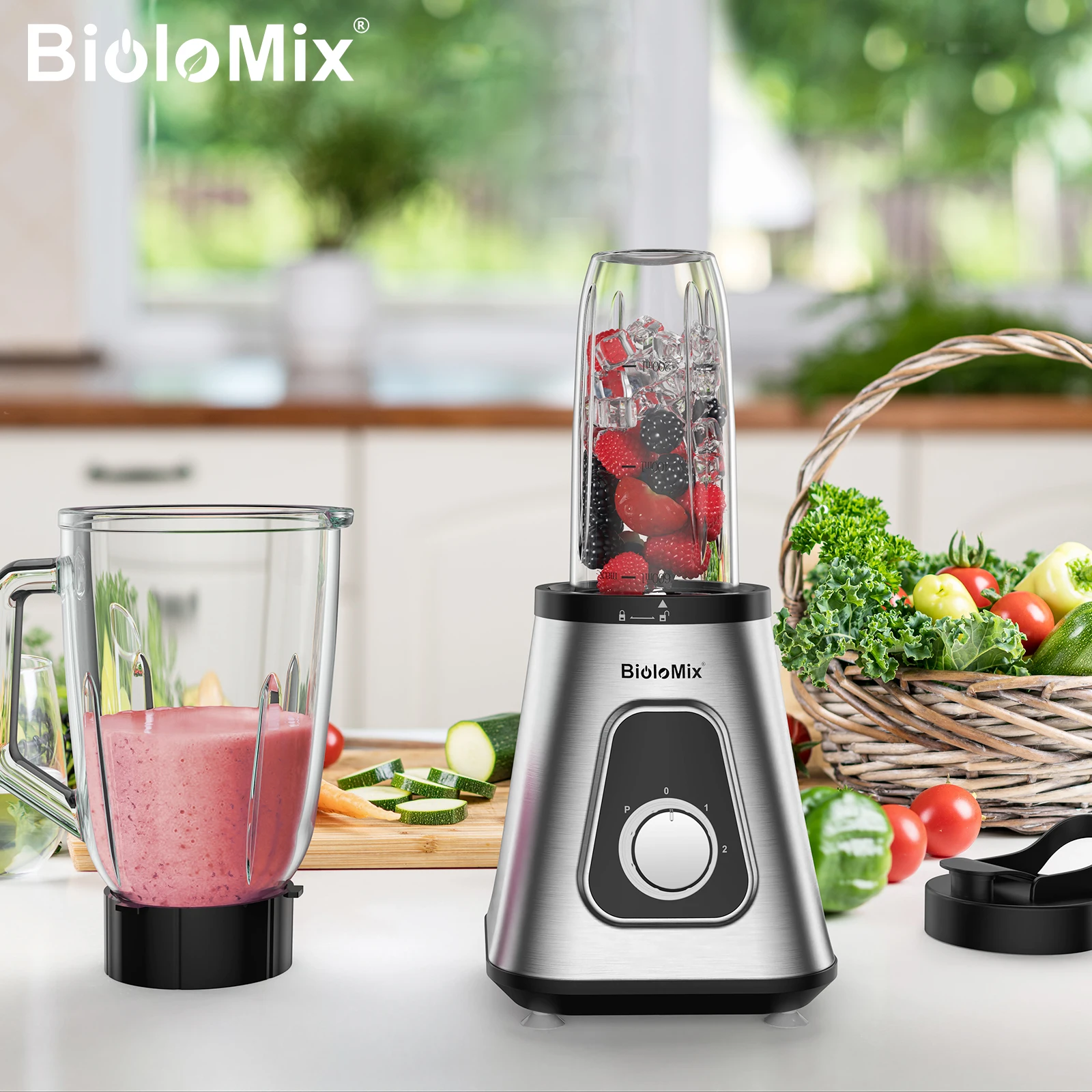 BioloMix Personal Blenders with 1.5L Glass Jar, 1300W Smoothie Blender Combo for Frozen Fruit Drinks, Sauces