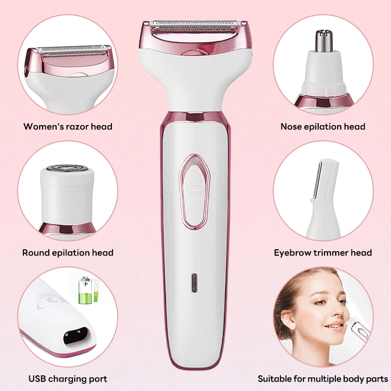 4 in 1 Electric Hair Removal Razor Painless for Women Shaver Body Hair Trimmer for Armpit Bikini Arm Leg Face Mustache Portable